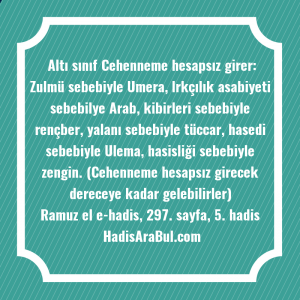   Altı sınıf Cehenneme hesapsız girer: ... ile başlayan hadis