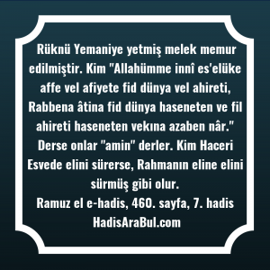   Rüknü Yemaniye yetmiş melek memur ... ile başlayan hadis