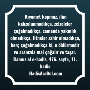   Kıyamet kopmaz, ilim kabzolunmadıkça, zelzeleler ... hadisinin tamamı