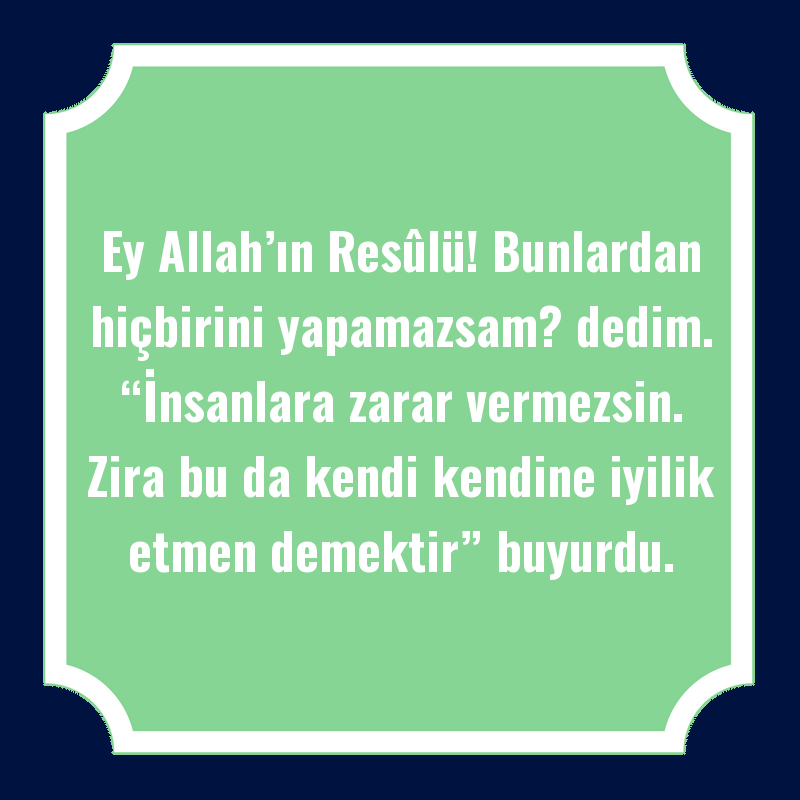 Ey Allah’ın Resûlü! Bunlardan hiçbirini yapamazsam? dedim. “İnsanlara zarar vermezsin. Zira bu da kendi kendine iyilik etmen demektir” buyurdu.