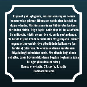   Kıyamet yaklaştığında, müslümanın rüyası hemen ... ile başlayan hadis