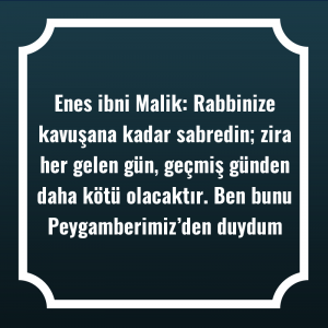 Enes ibni Malik: Rabbinize kavuşana kadar sabredin; zira her gelen gün, geçmiş günden daha kötü olacaktır. Ben bunu Peygamberimiz’den duydum