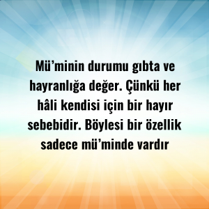 Mü’minin durumu gıbta ve hayranlığa değer. Çünkü her hâli kendisi için bir hayır sebebidir. Böylesi bir özellik sadece mü’minde vardır