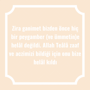 Zira ganimet bizden önce hiç bir peygamber (ve ümmetin)e helâl değildi. Allah Teâlâ zaaf ve aczimizi bildiği için onu bize helâl kıldı