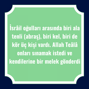 İsrâil oğulları arasında biri ala tenli (abraş), biri kel, biri de kör üç kişi vardı. Allah Teâlâ onları sınamak istedi ve kendilerine bir melek gönderdi